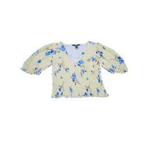 Forever 21 Y2K Babydoll Floral Smocked Puff Sleeve Crop Top Yellow Blue S
